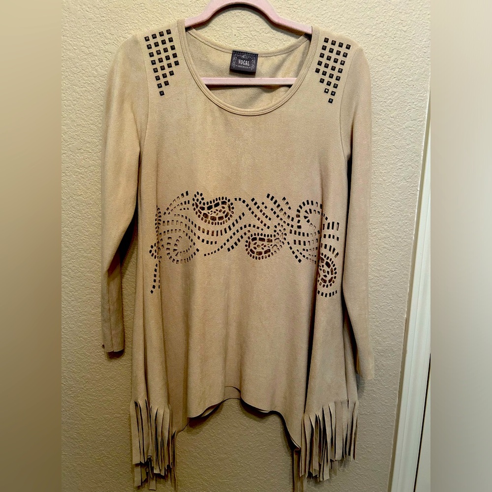 Vocal Tan Fringe Long Sleeve Top